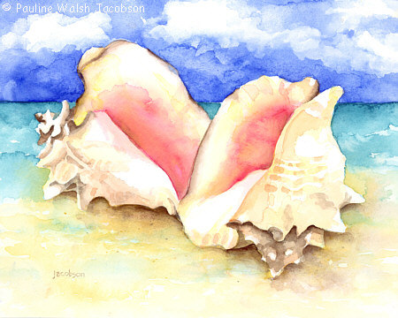 Watercolor Painting "Conch Shells on Beach"